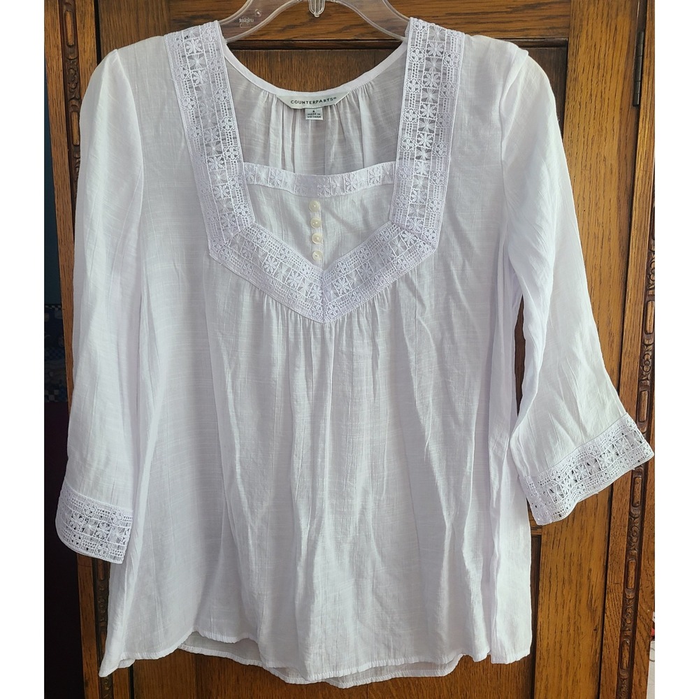Counterparts White Crochet Lace Trim Peasant Blouse 3/4 Sleeve Top Boho Small